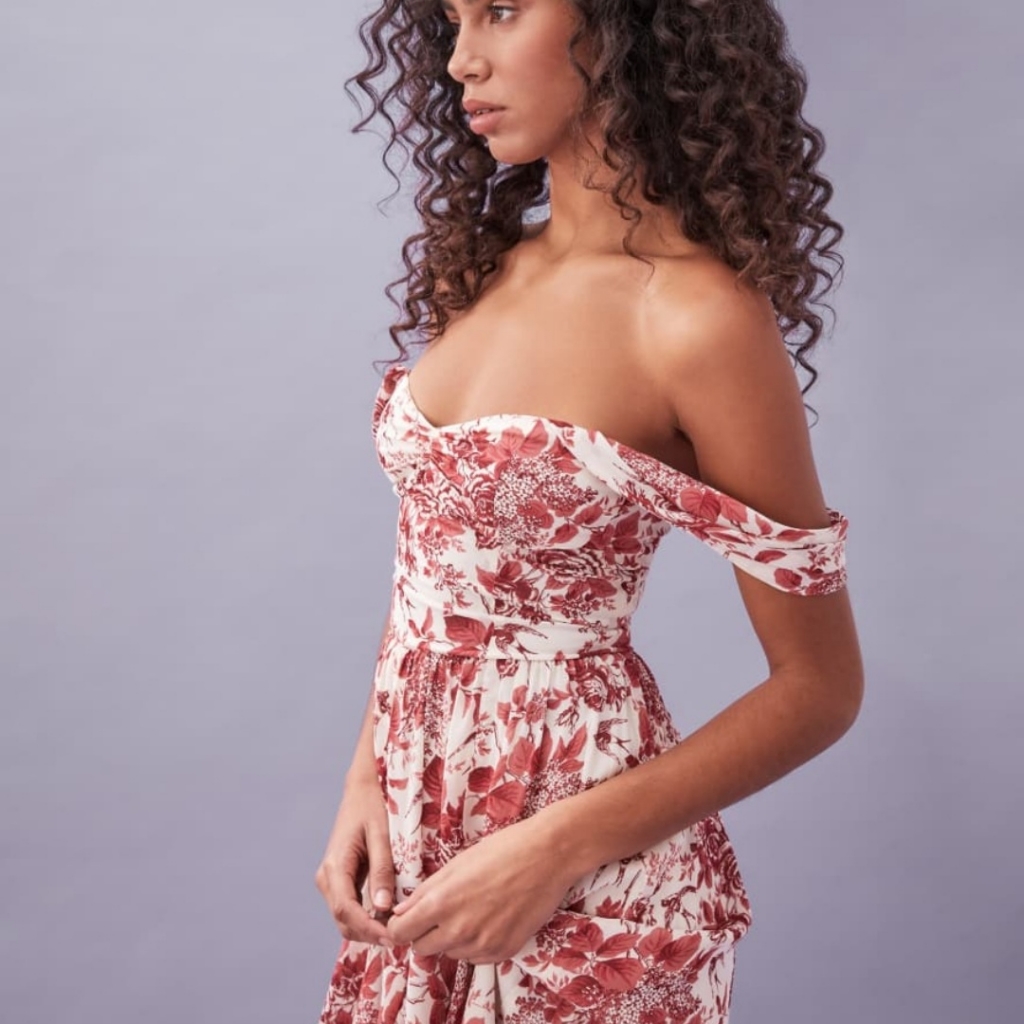 Reformation Off-Shoulder Floral Dress - Red And White